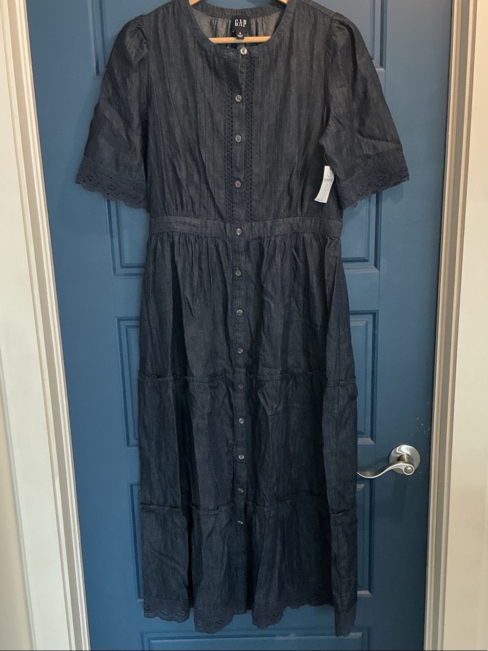 GAP Navy Button-Front Maxi Dress with Eyelet Trim